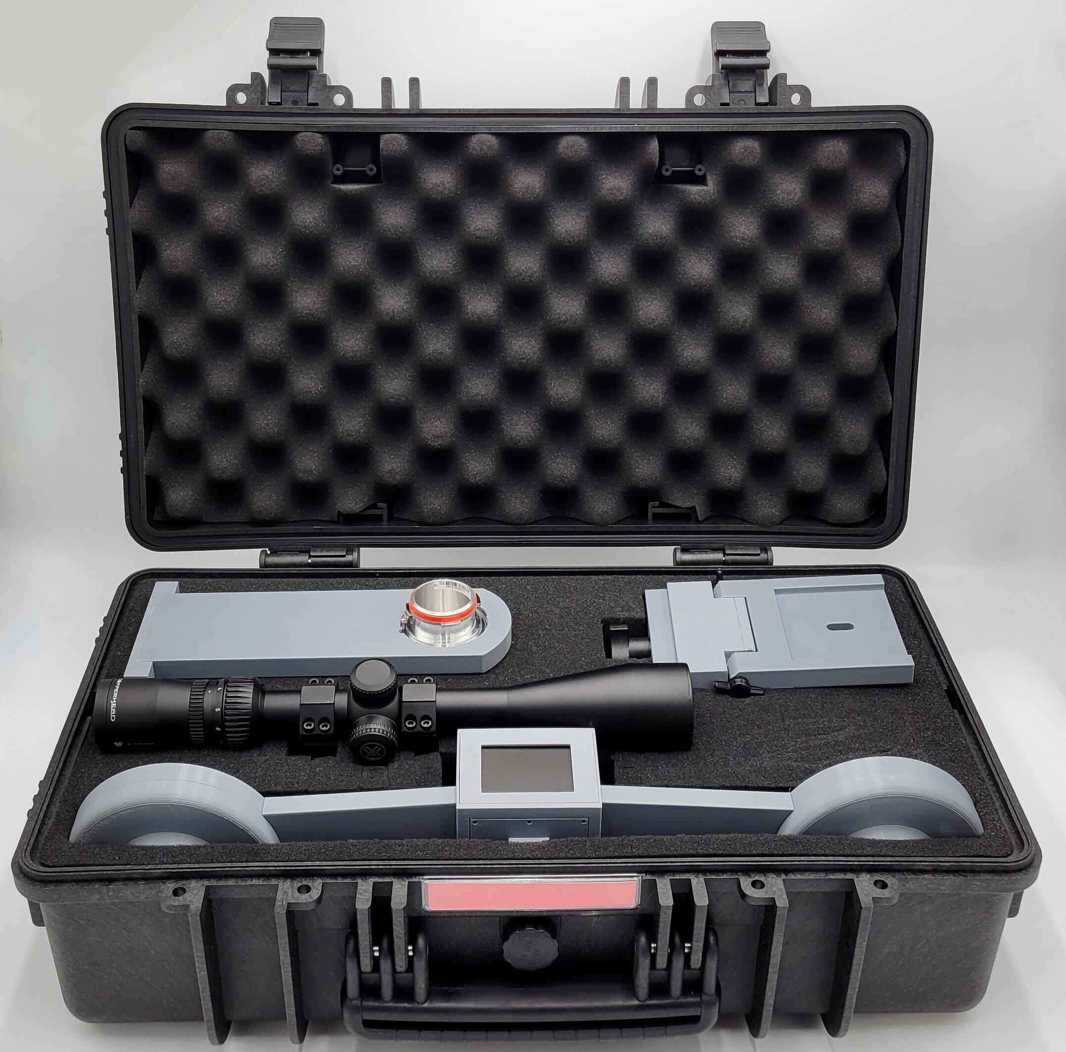 WISP Aligner kit box with device and scope mount example (scope not included)